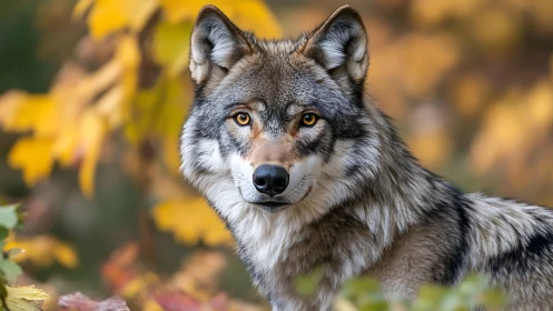 Autumn-eyed wolf pauses mid-step in a forest of liquid gold