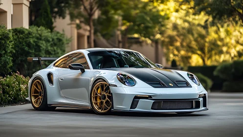 Track-bred silver rocket poised in golden suburban calm.