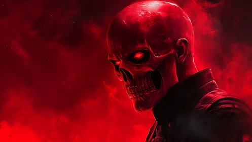 Red skeletal head profile in dark atmospheric background.