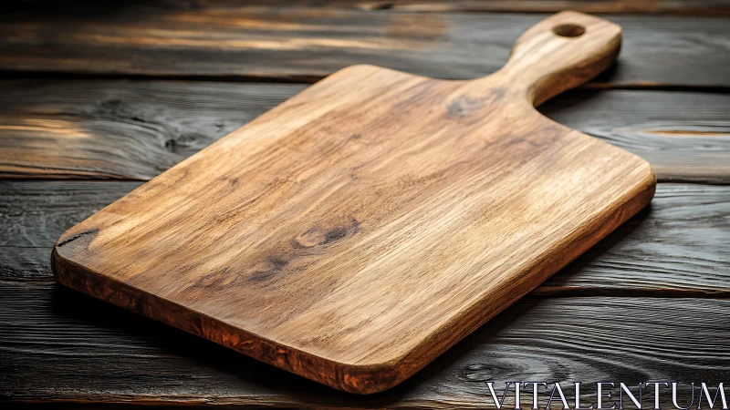 Wooden Cutting Board with Rustic Handle on Dark Wood Surface.