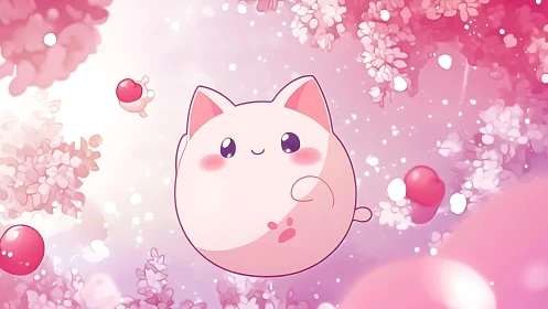 Pastel chubby cat spirit drifting through pink blossoms.