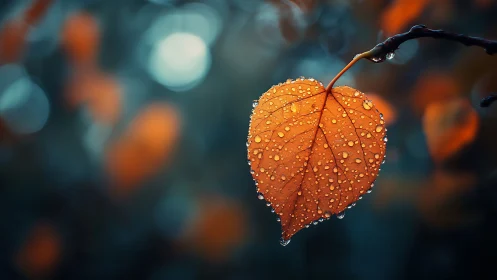 Dewy autumn leaf glowing quietly in soft morning light.
