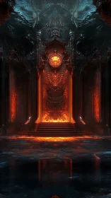 Molten throne hall glows within dark infernal cavern walls