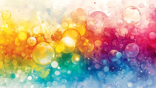 Iridescent color bubbles drift through rainbow gradients.