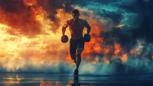 Athlete Runner with Dumbbells Against Dramatic Fiery Sky Backdrop.