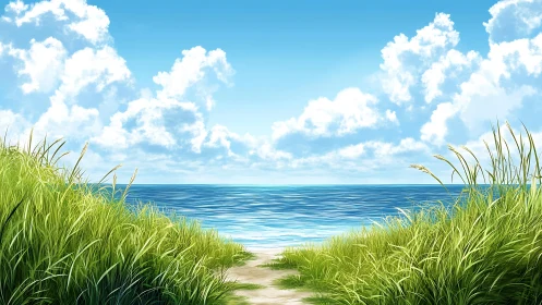 Sunny coastal path opening onto calm blue ocean view.
