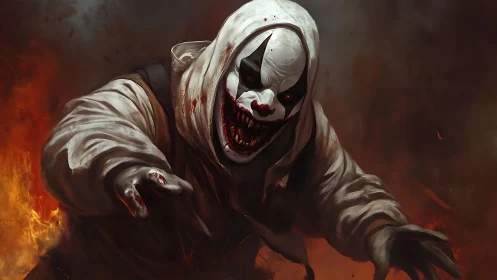Sinister hooded clown lunging through swirling firestorm.