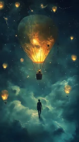 Silhouetted figure under illuminated hot air balloons at night.