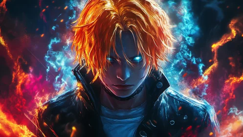 Blazing cyber warrior amid blue firestorm contrast.