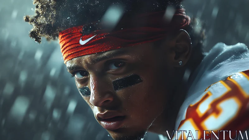 Football player stares downfield under dramatic stadium rain.