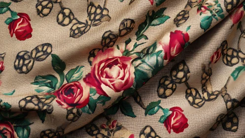 Velvet Roses Dance with Golden Hops on Cream Canvas