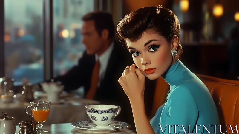 Retro chromatic portrait in café interior, cinematic focus study.