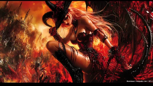 Demonic warrior queen dominates burning hellscape battlefield.