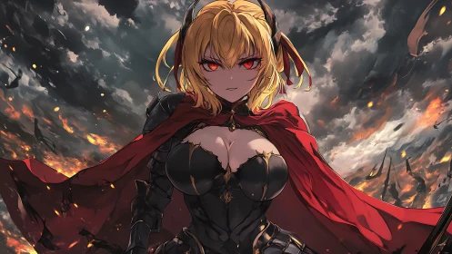 Armored demon warrior in red cloak dominates burning battlefield