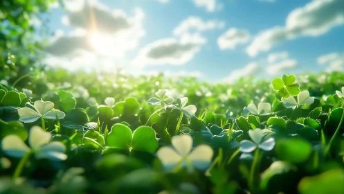 Low-angle view of dense clover field under daylight sky.