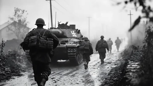 Soldiers advance behind tank on muddy, foggy rural road