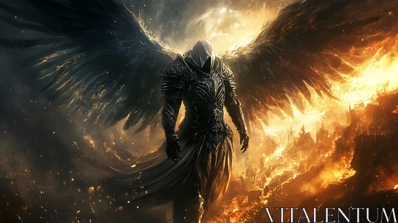 Armored dark angel descends amid apocalyptic inferno