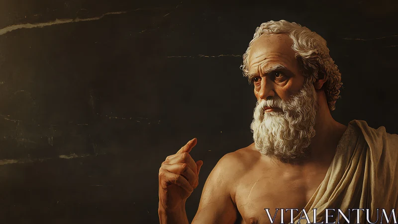 Stoic philosopher gestures against a dark reflective void