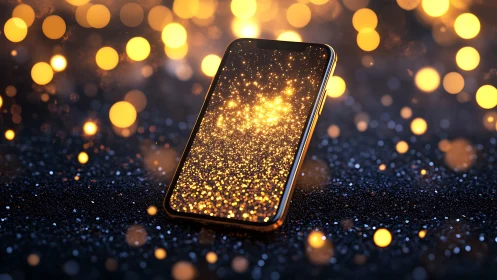 Smartphone with luminous bokeh field and glittering display surface.