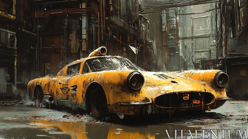 Rust-bitten turbo taxi lounges in a rain-slicked alleyway