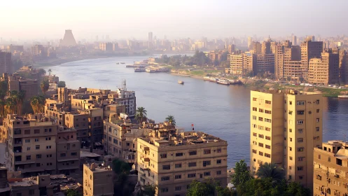 Golden haze drapes riverfront towers in a sprawling city bend