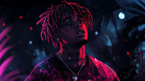 Neon-lit rap portrait glows against a moody jungle night