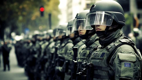 Riot police line in full tactical gear on city street.