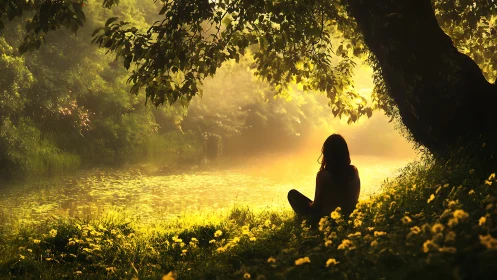 Woman Sitting Under Tree by Riverbank at Golden Hour, Dreamy Style.