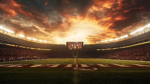 Sunset football stadium with crowd and illuminated field.