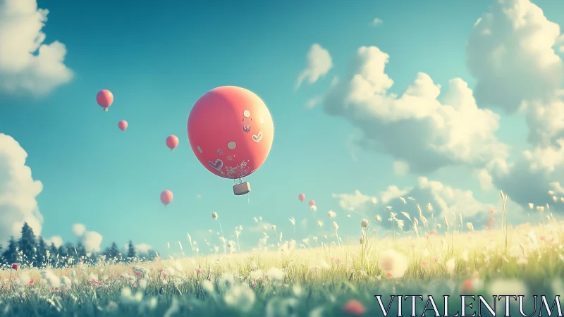 Pink hot air balloons drift above dreamy flower meadow.