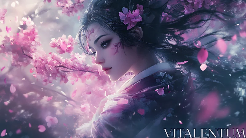 Serene woman in kimono amid swirling pink blossoms.