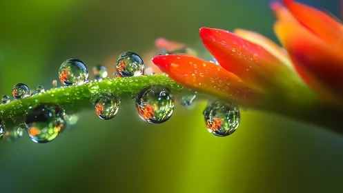 Macro photograph shows dew droplets reflecting orange petals