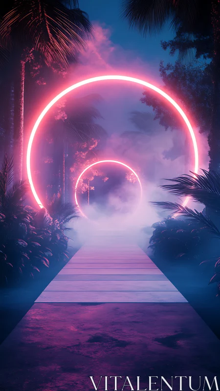 Neon portal rings along misty tropical boardwalk path.