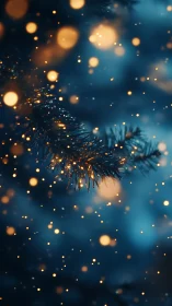 Pine branch closeup with warm bokeh lights and falling snow.