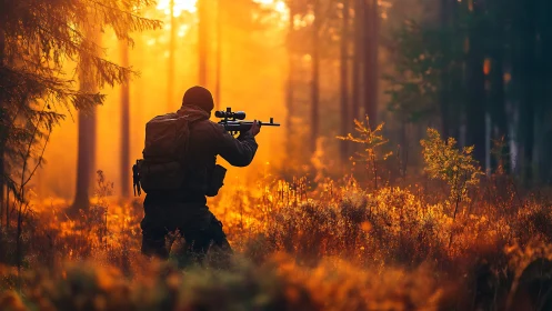 Sniper stalks sunlit autumn forest in blazing golden haze.