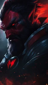 Demonic warrior profile glows with embers and crimson armor