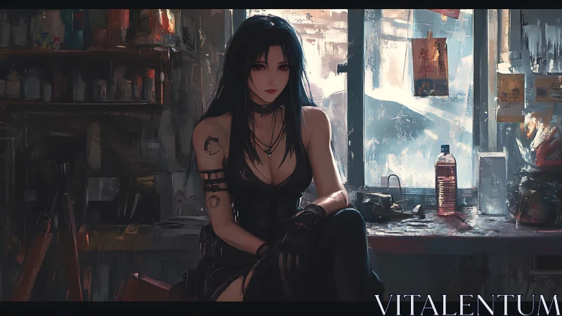 Dark-haired woman seated in cluttered studio interior.