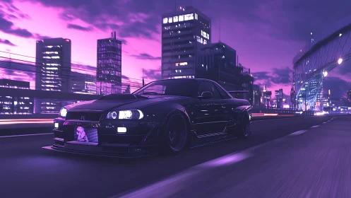 Midnight tuner car on neon city expressway at speed.