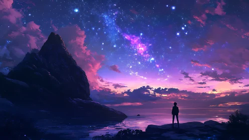 Celestial shoreline vista with silhouetted figure in digital painting.