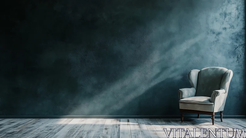 Armchair stands in empty room with textured dark teal wall