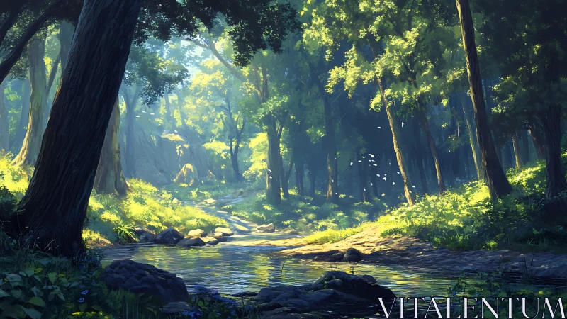 Luminous Forest Corridor with Streaming Sunlight Through Canopy.