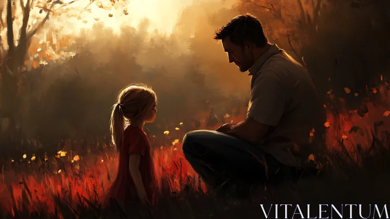 Father and daughter share a quiet moment in warm sunset field