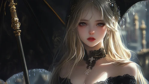 Digital portrait shows woman under ornate black umbrella