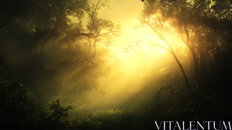 Golden morning sunlight gently awakening a quiet forest.