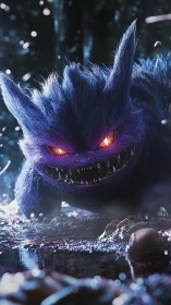 Glowing eyed creature crouches playfully in a misty forest pool