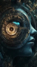 Gentle cybernetic gaze blending human warmth and neon code.