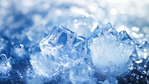 Macro crystalline ice cluster in cool blue bokeh field.