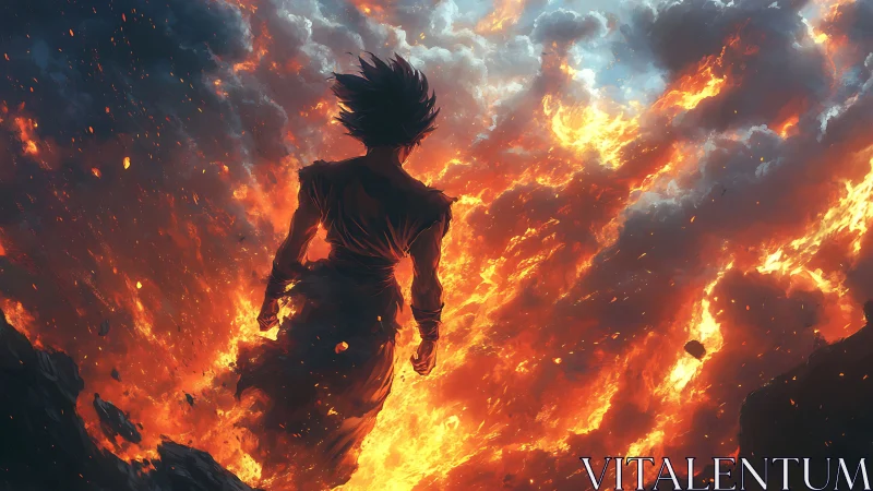 Lone warrior silhouette walking through roaring firestorm.