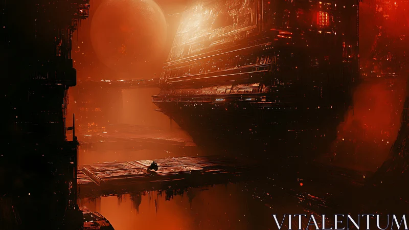 Massive cuboid megastructure hovers above red industrial void