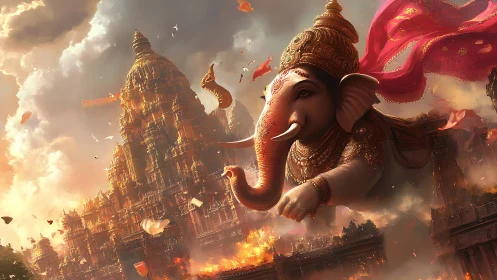 Divine elephant guardian soaring above blazing temple skies.
